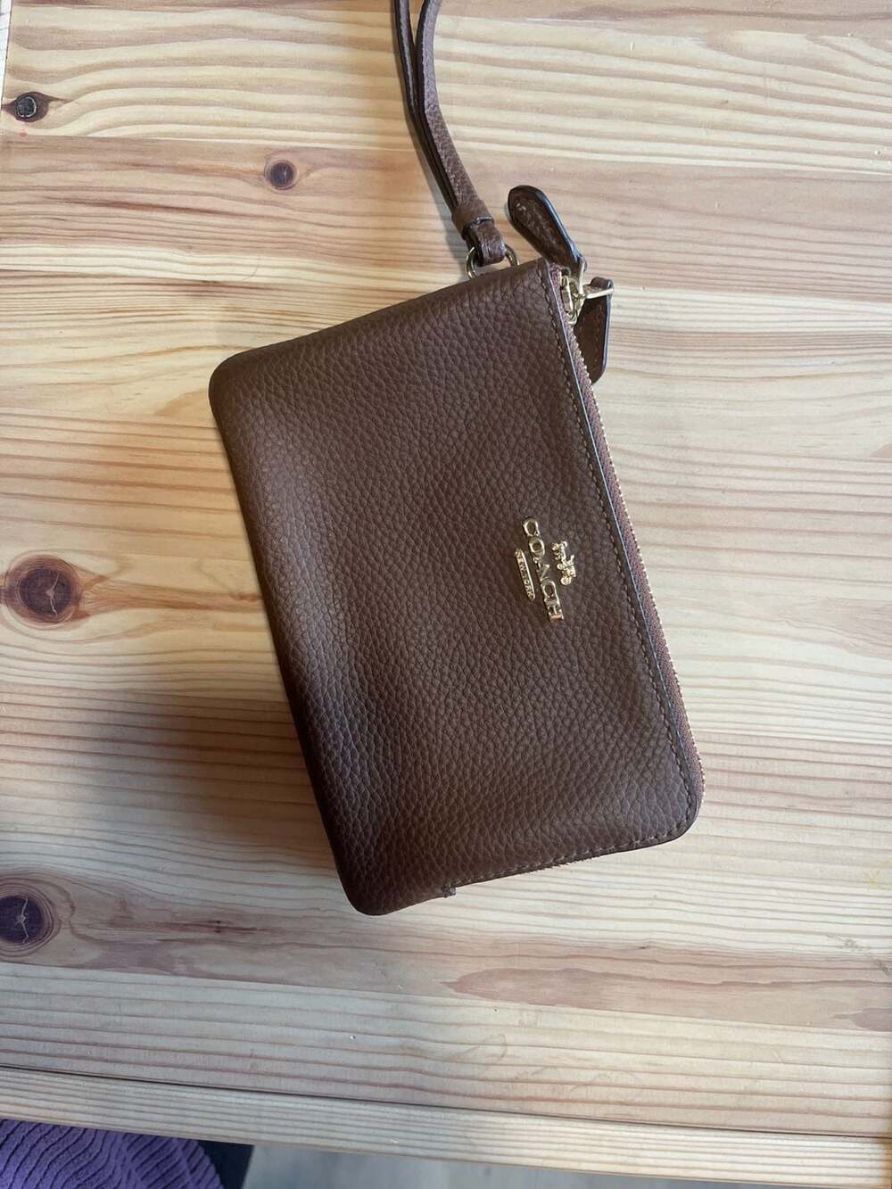 Coach Double Corner Zip Wristlet in Dark Brown Pebble Leather